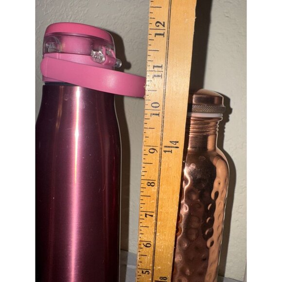 Set Of 3 Water Bottles: Pink Insulated With Flip Lid Copper Hammered White Built - Picture 11 of 12